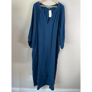 NEW Ocean + Main Womens Plus 2X Maxi Dress Teal Gauzy Pockets Kaftan Lagenlook